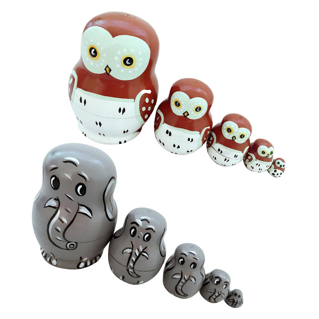 10PCS New Wooden Russian Nesting Dolls Owl Animal & Elephant Hand Painted