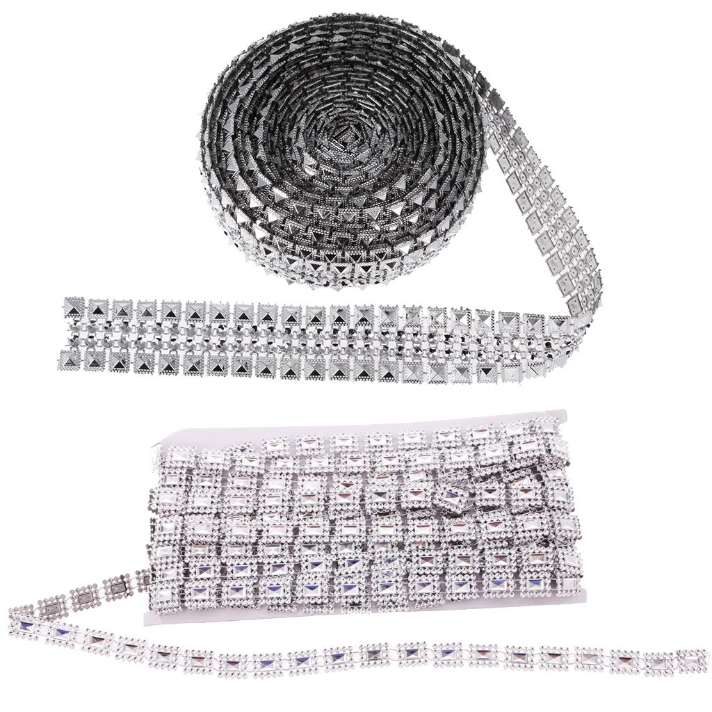 2 Pieces Crystal Rhinestone Chain Mesh Ribbon Trim Sewing Applique Silver