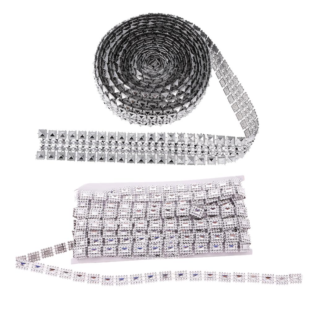 2 Pieces Crystal Rhinestone Chain Mesh Ribbon Trim Sewing Applique Silver