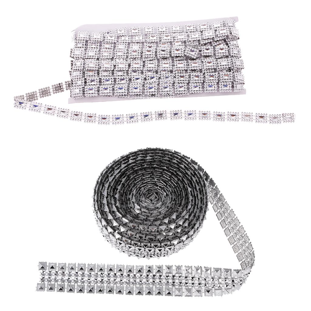 2 Pieces Crystal Rhinestone Chain Mesh Ribbon Trim Sewing Applique Silver