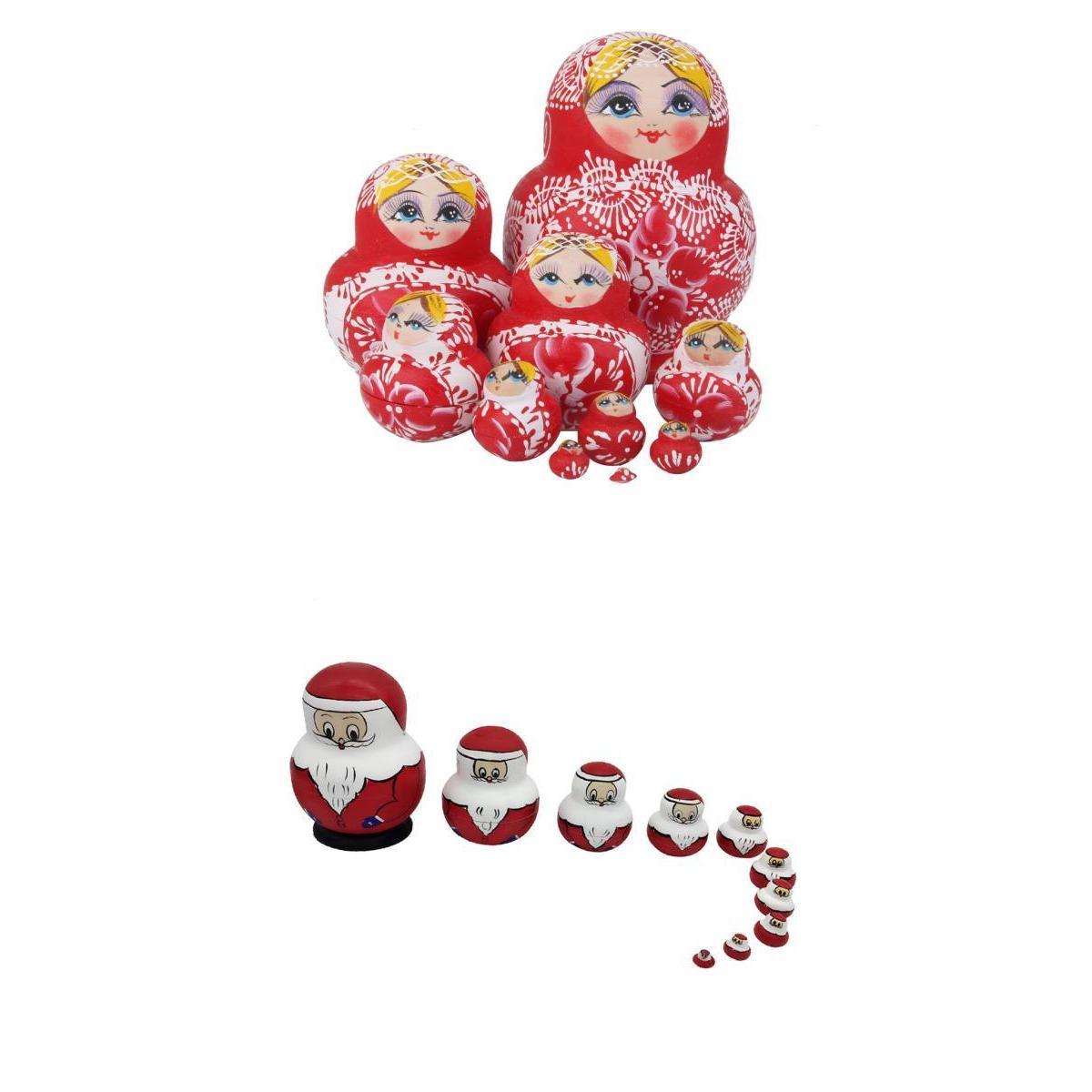 2Sets Hand Painted Wooden Russian Nesting Doll Santa And Flower Girl Pattern