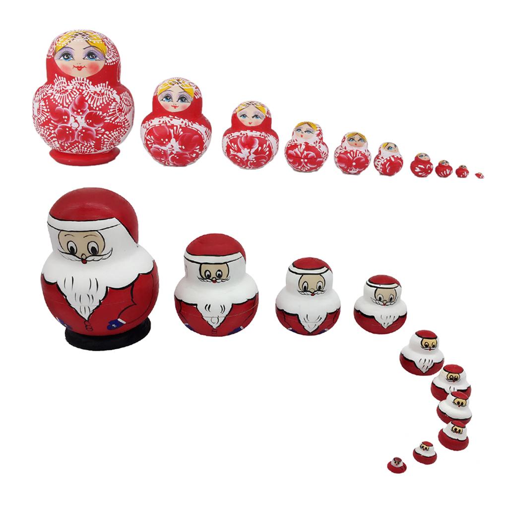 2Sets Hand Painted Wooden Russian Nesting Doll Santa And Flower Girl Pattern