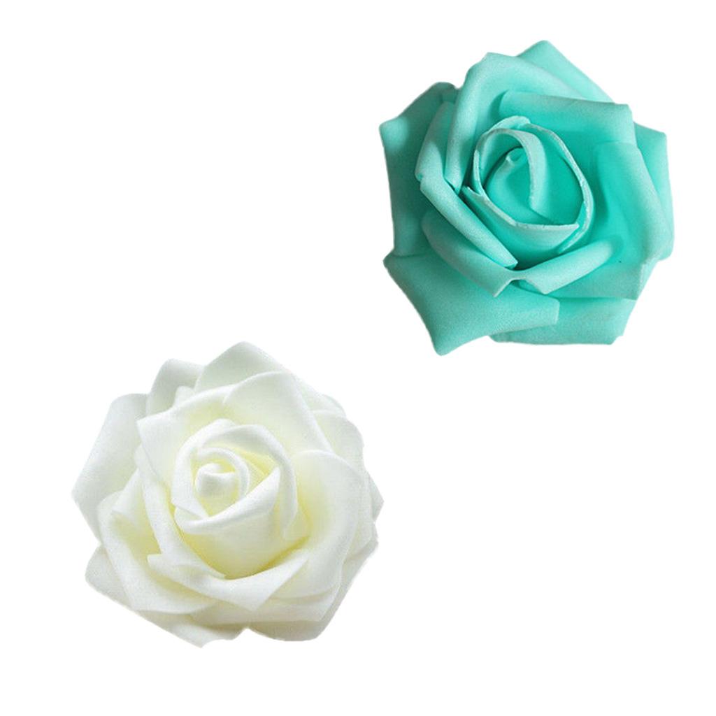 100Pcs Foam Rose Heads Artificial Flower Bridal Bouquet Decor Sapphire+Cream