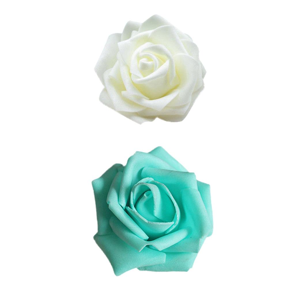 100Pcs Foam Rose Heads Artificial Flower Bridal Bouquet Decor Sapphire+Cream