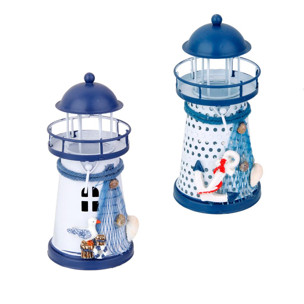 2Pcs 13.5cm Hand Painted Sea house Metal Model Candle Holder Nautical Decor