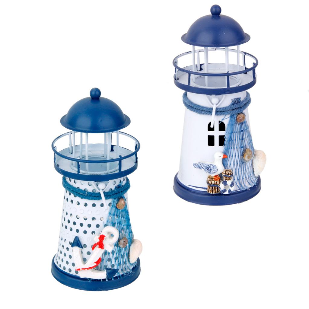 2Pcs 13.5cm Hand Painted Sea house Metal Model Candle Holder Nautical Decor