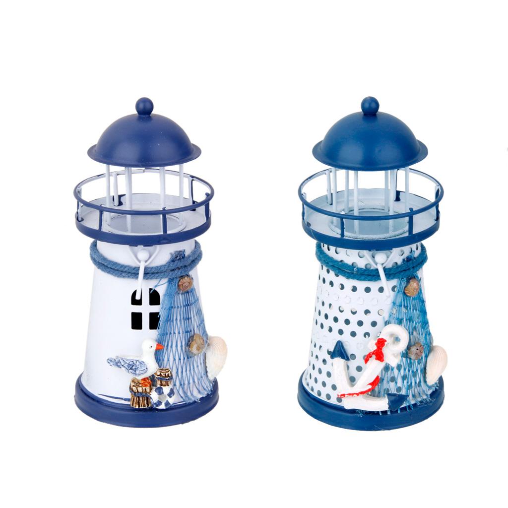 2Pcs 13.5cm Hand Painted Sea house Metal Model Candle Holder Nautical Decor