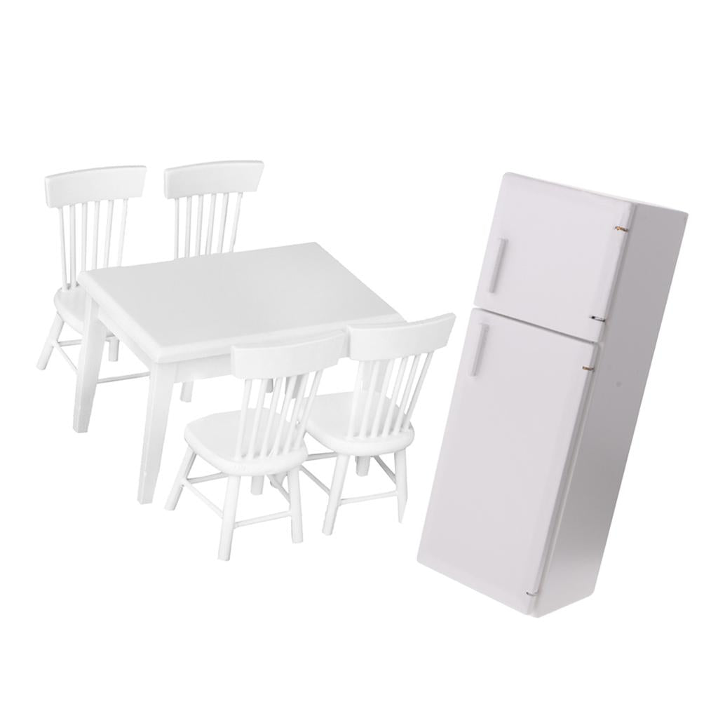 1/12 Dollhouse Miniature Kitchen Wooden Refrigerator & Table Chair Set White