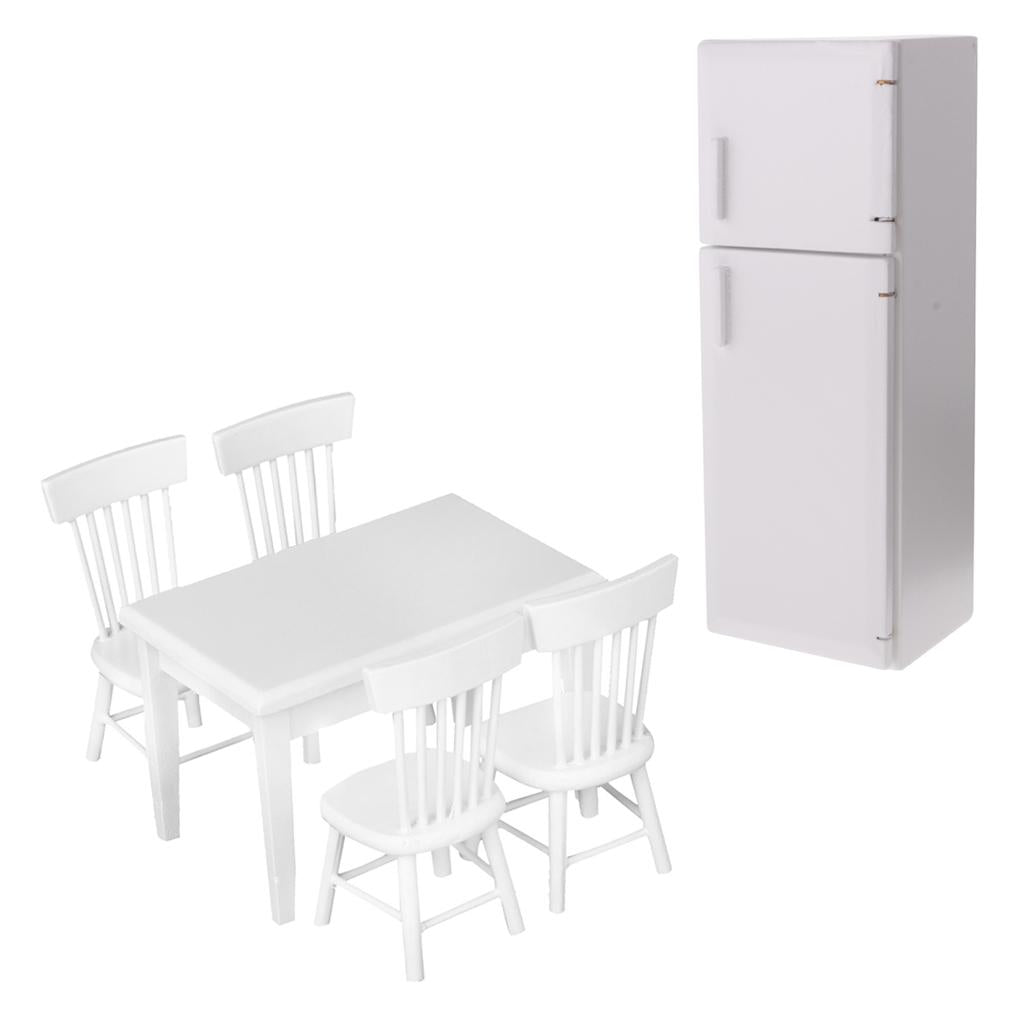 1/12 Dollhouse Miniature Kitchen Wooden Refrigerator & Table Chair Set White
