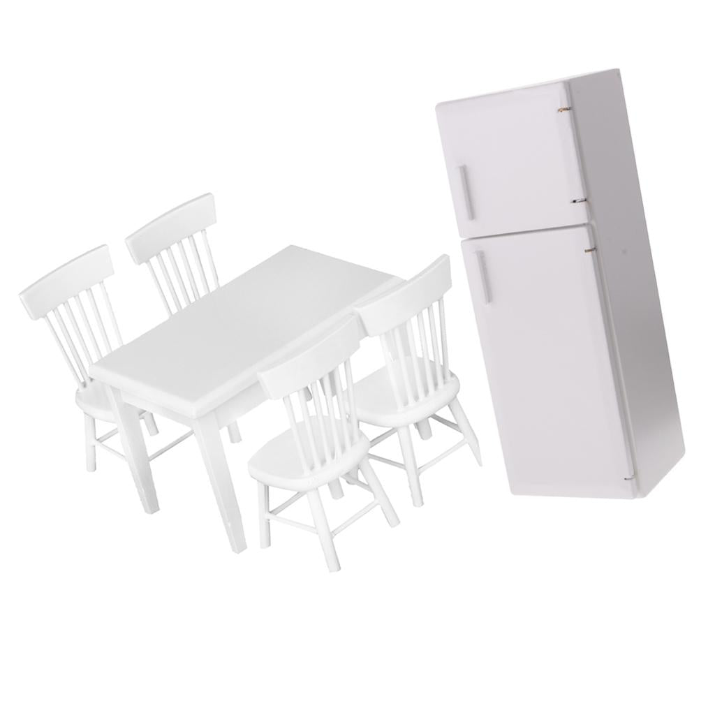 1/12 Dollhouse Miniature Kitchen Wooden Refrigerator & Table Chair Set White