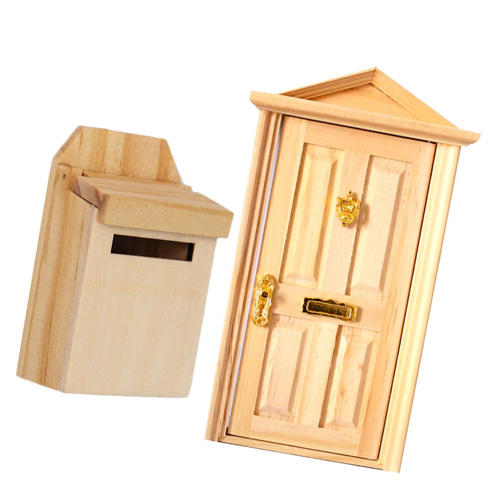 1:12 Dolls House Miniature Decor Natural Wooden Steepletop Door & Mailbox