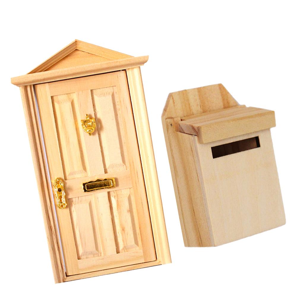 1:12 Dolls House Miniature Decor Natural Wooden Steepletop Door & Mailbox