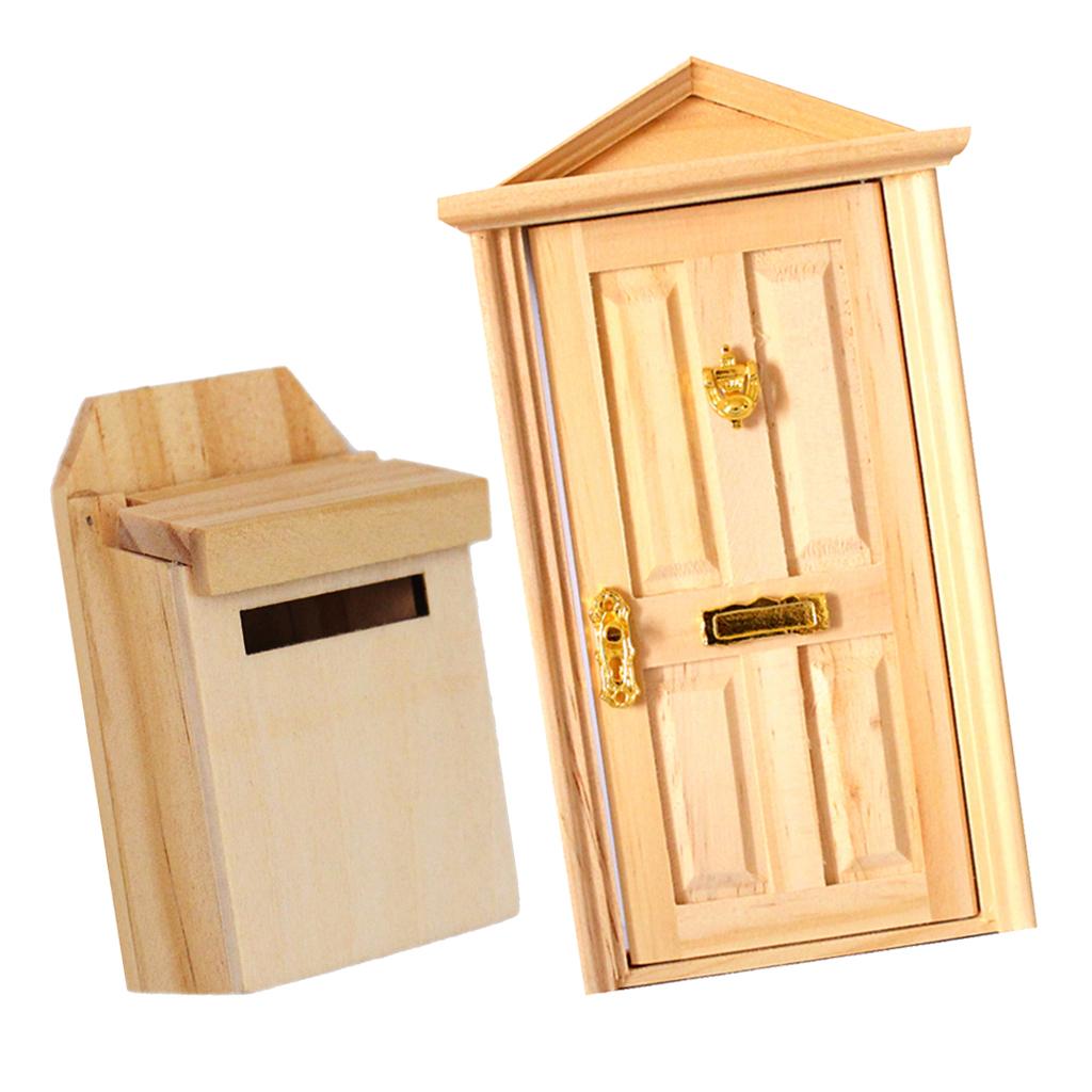 1:12 Dolls House Miniature Decor Natural Wooden Steepletop Door & Mailbox