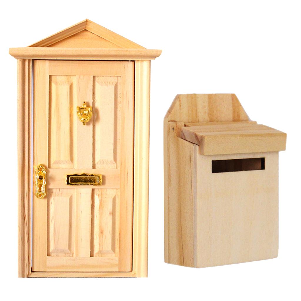 1:12 Dolls House Miniature Decor Natural Wooden Steepletop Door & Mailbox