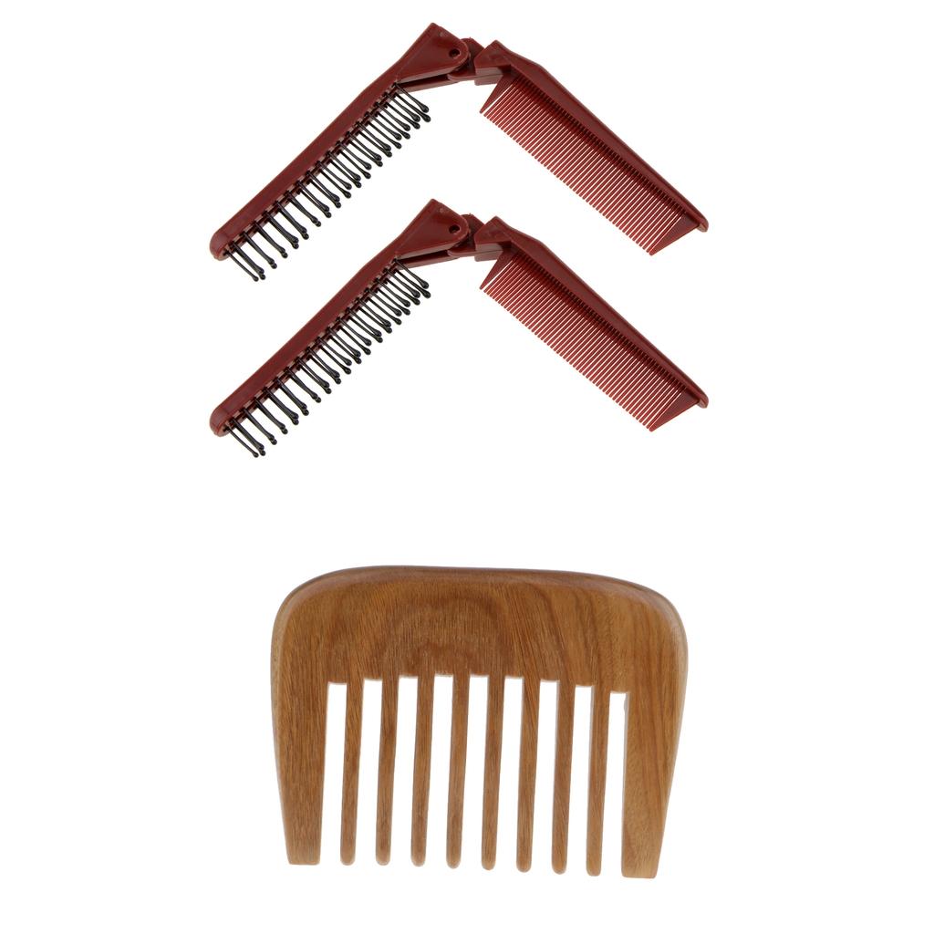 2Pcs Plastic Pocket Travel Folding Hair Brush + Sandalwood Comb Anti Static
