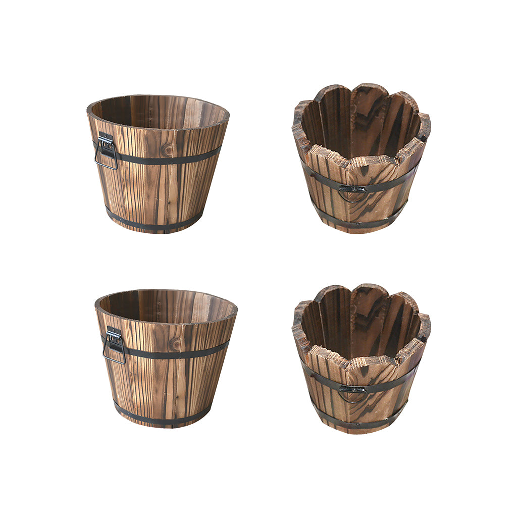 4x Wooden Bucket Pot Flower Planter Barrel Patio Garden Outdoor Home Decor