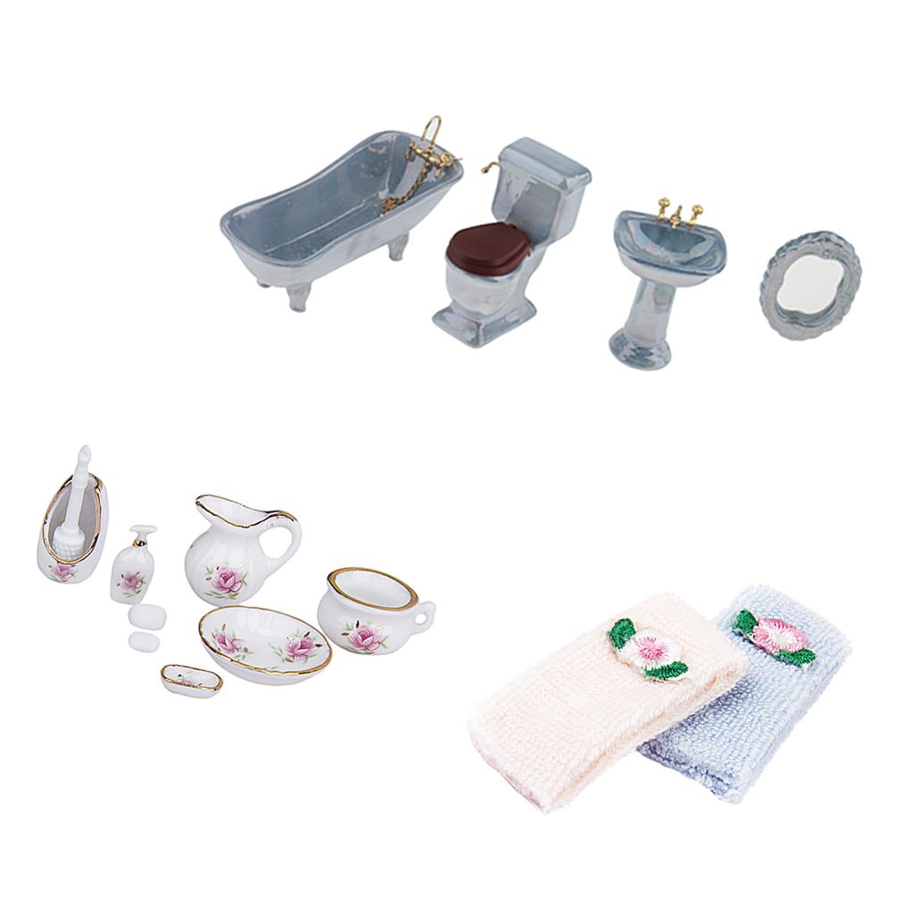 1/12 Dollhouse Mini Furniture Ceramic Bathroom Set Toilet Bathtub & Towels