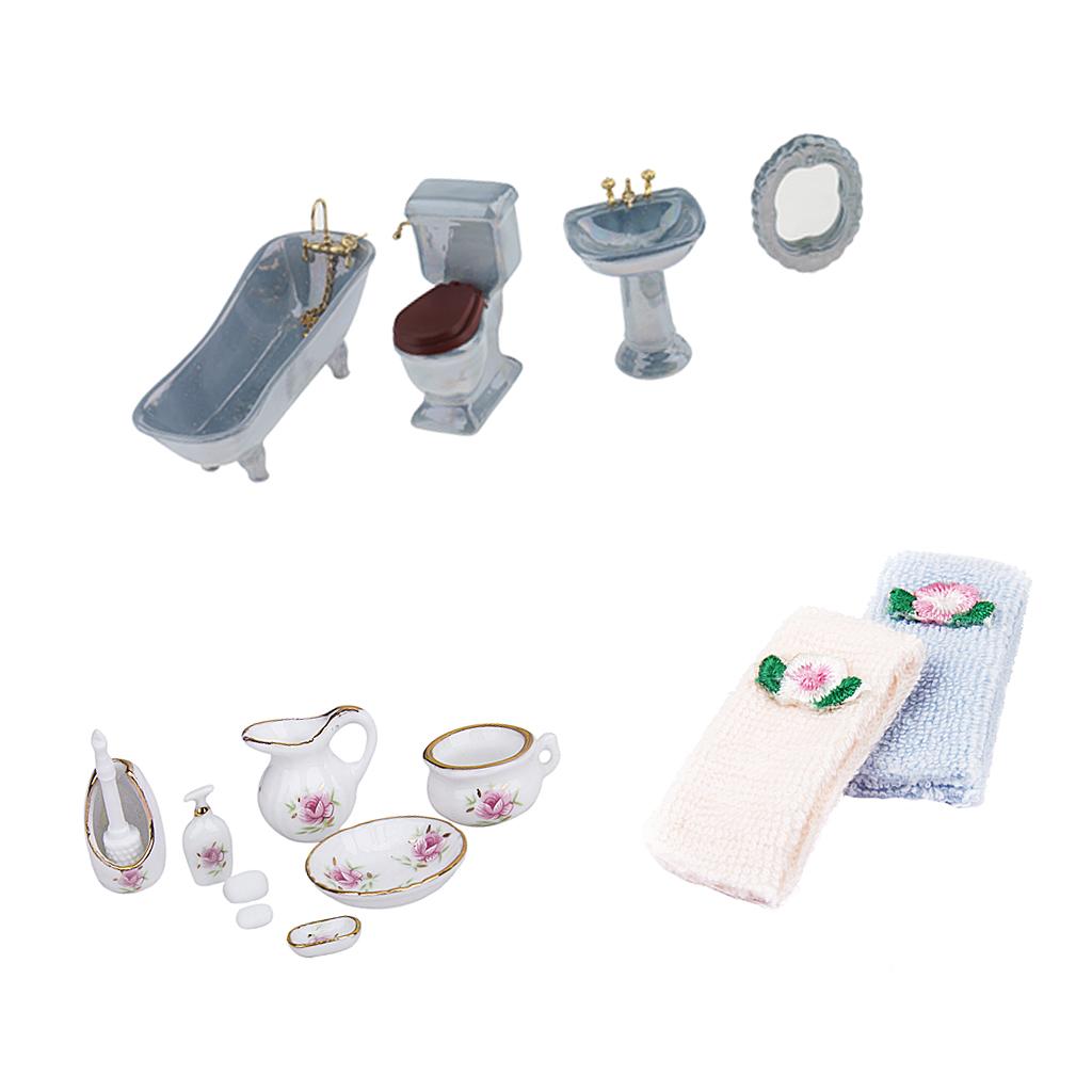 1/12 Dollhouse Mini Furniture Ceramic Bathroom Set Toilet Bathtub & Towels