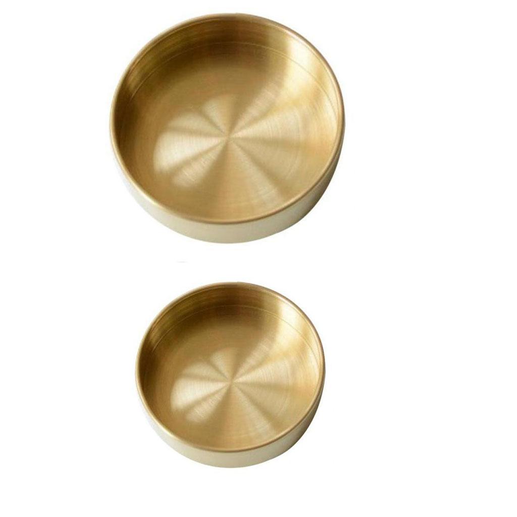 2 Pcs 10cm+14cm Round Copper Desktop Storage Tray Plate Organizer Photo Prop