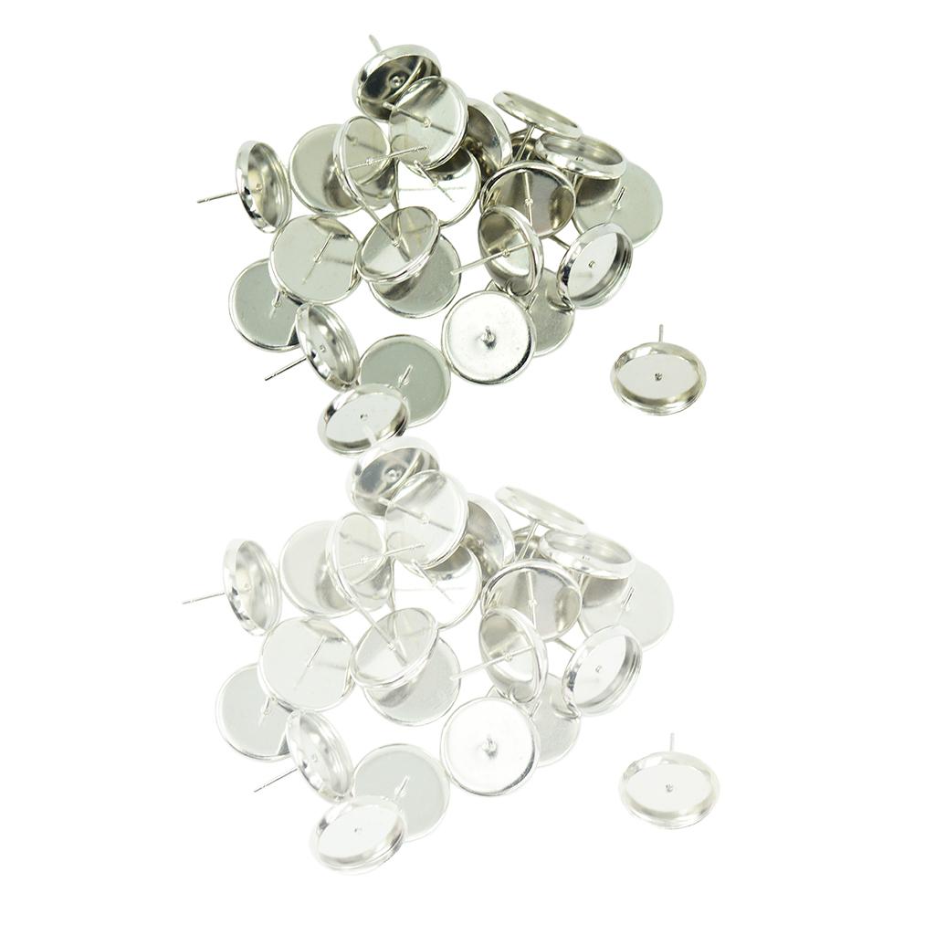 48 Pcs Round Earrings Blank Bezel Setting Fit 12mm Cabochon Silver & White