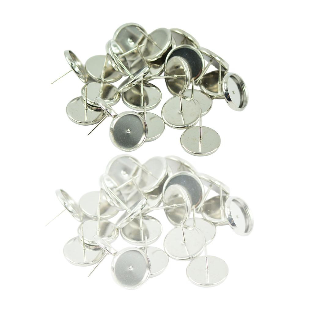 48 Pcs Round Earrings Blank Bezel Setting Fit 12mm Cabochon Silver & White