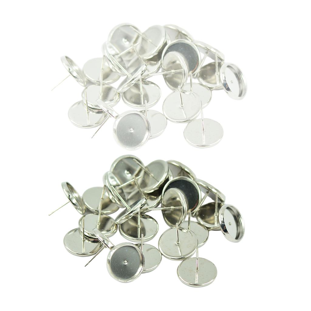 48 Pcs Round Earrings Blank Bezel Setting Fit 12mm Cabochon Silver & White