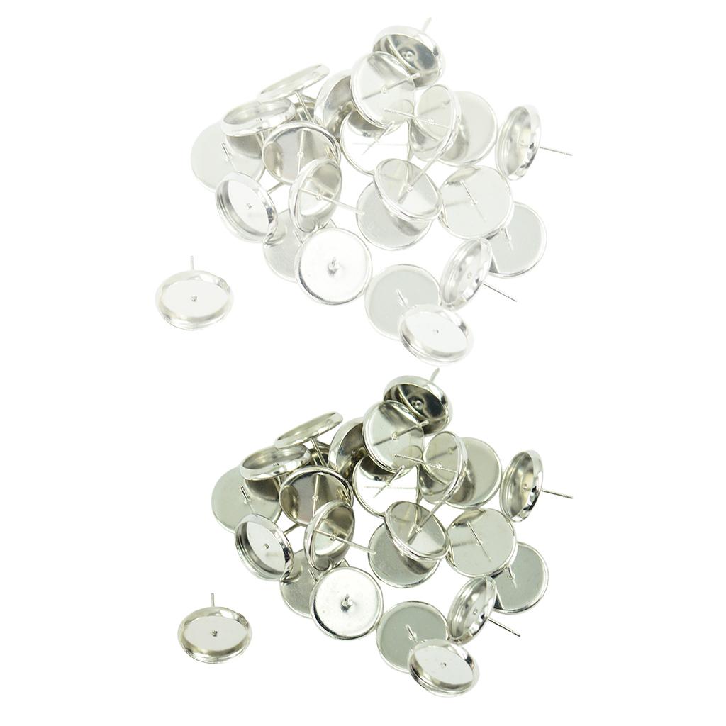 48 Pcs Round Earrings Blank Bezel Setting Fit 12mm Cabochon Silver & White