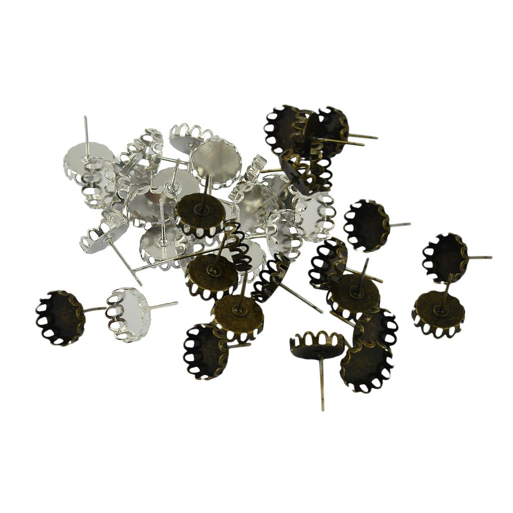 40Pcs 10mm Filigree Cabochon Ear Studs Blank Bezel Setting Silver & Bronze