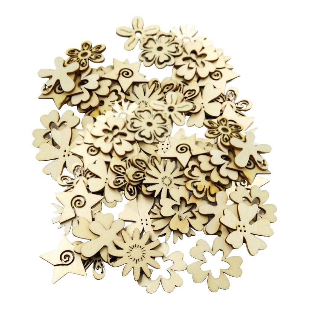 100 Pieces Mixed Natural Cut Wood Flower Shapes Scrapbooking Embellishments