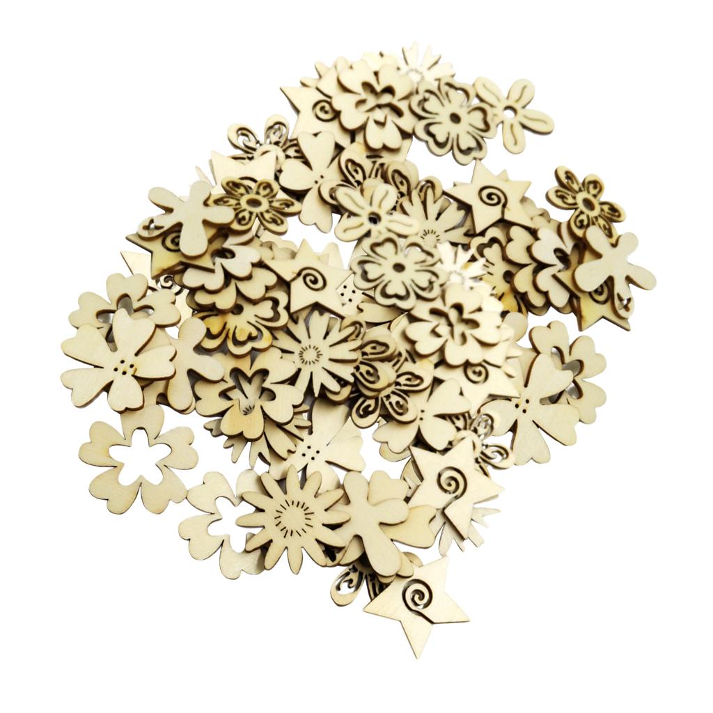 100 Pieces Mixed Natural Cut Wood Flower Shapes Scrapbooking Embellishments