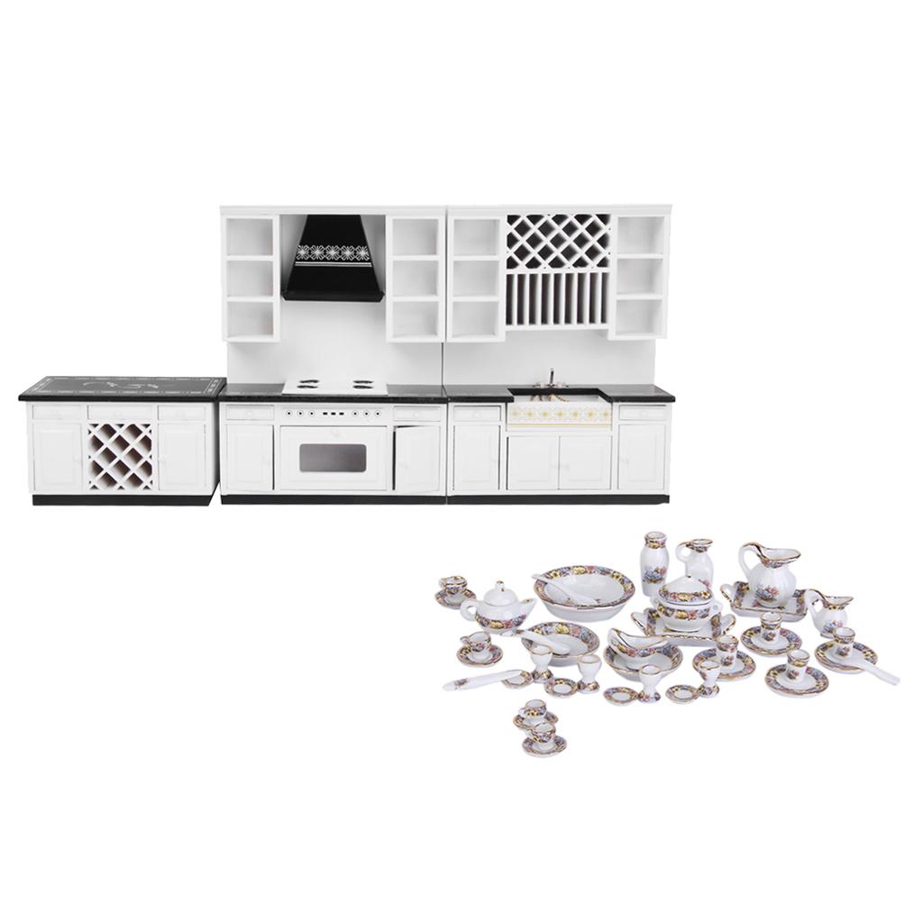 1/12 Scale Dollhouse Miniature Furniture Wooden Kitchen Set & Tableware Set