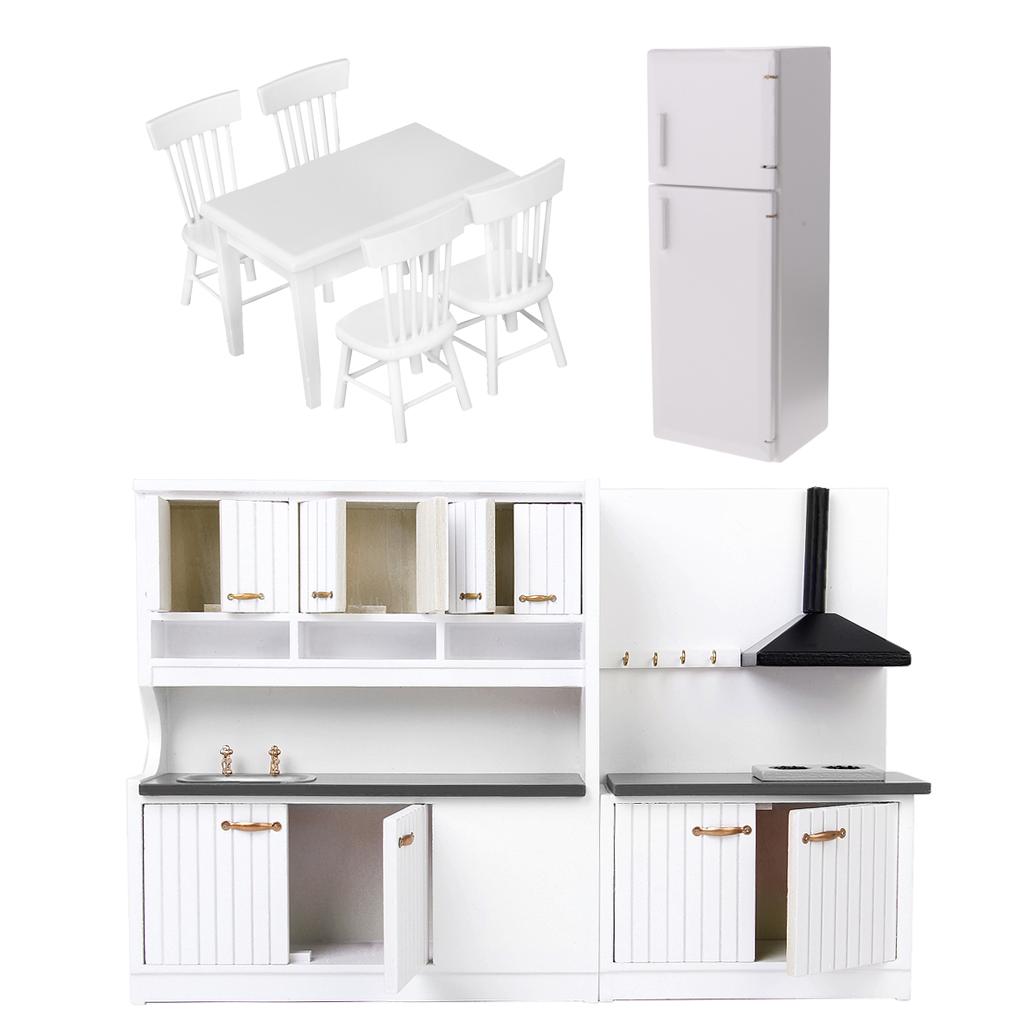 1/12 Dollhouse Miniature Wood Kitchen Furniture Set Fridge Table Chair Model