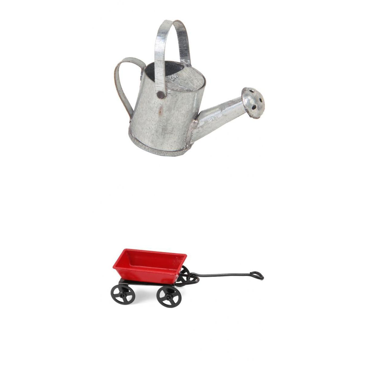 2pcs 1:12 Dollhouse Miniature Garden Tools Metal Pulling Cart & Watering Can