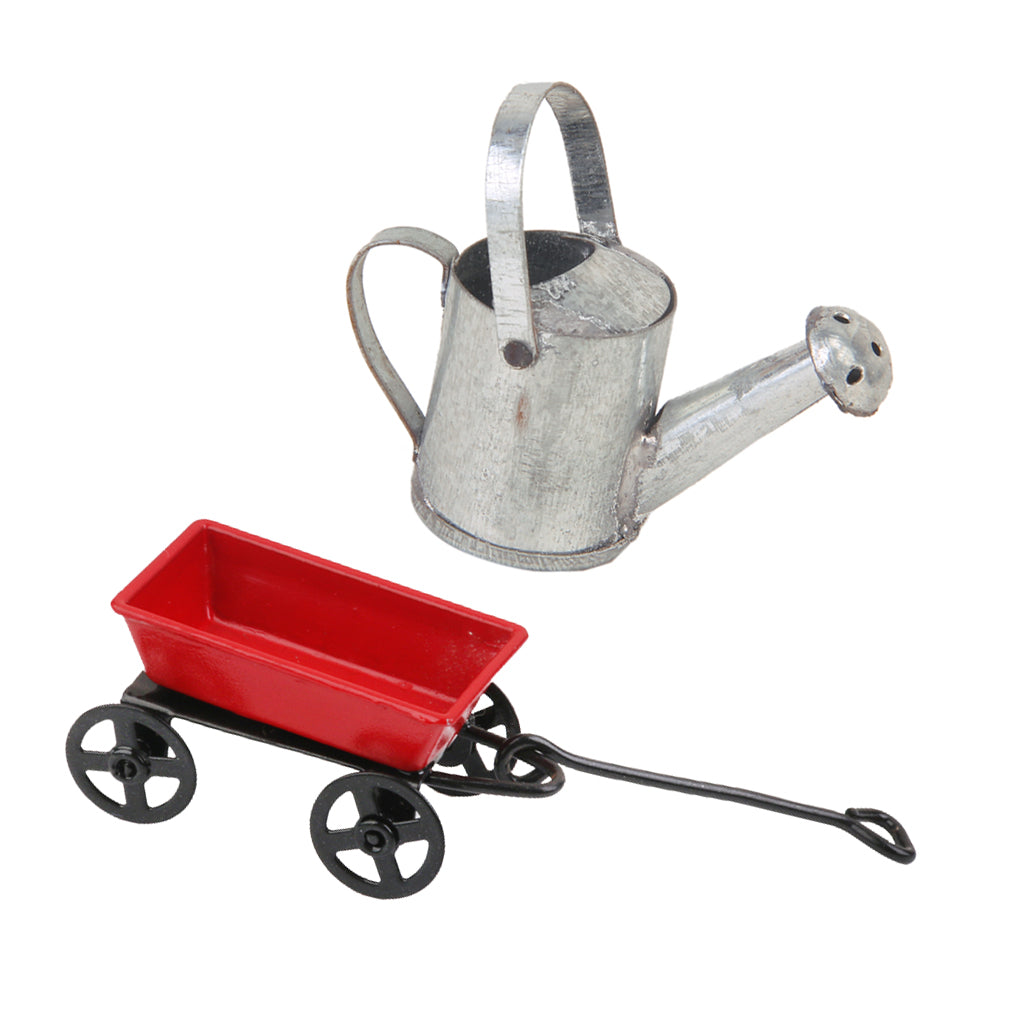 2pcs 1:12 Dollhouse Miniature Garden Tools Metal Pulling Cart & Watering Can