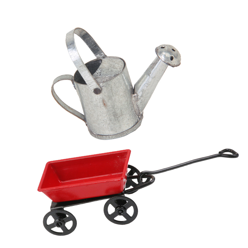 2pcs 1:12 Dollhouse Miniature Garden Tools Metal Pulling Cart & Watering Can