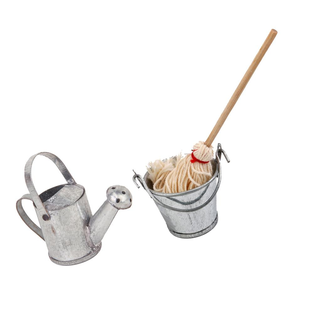 1/12 Dollhouse Miniature Furniture Mop Bucket & Garden Metal Watering Can