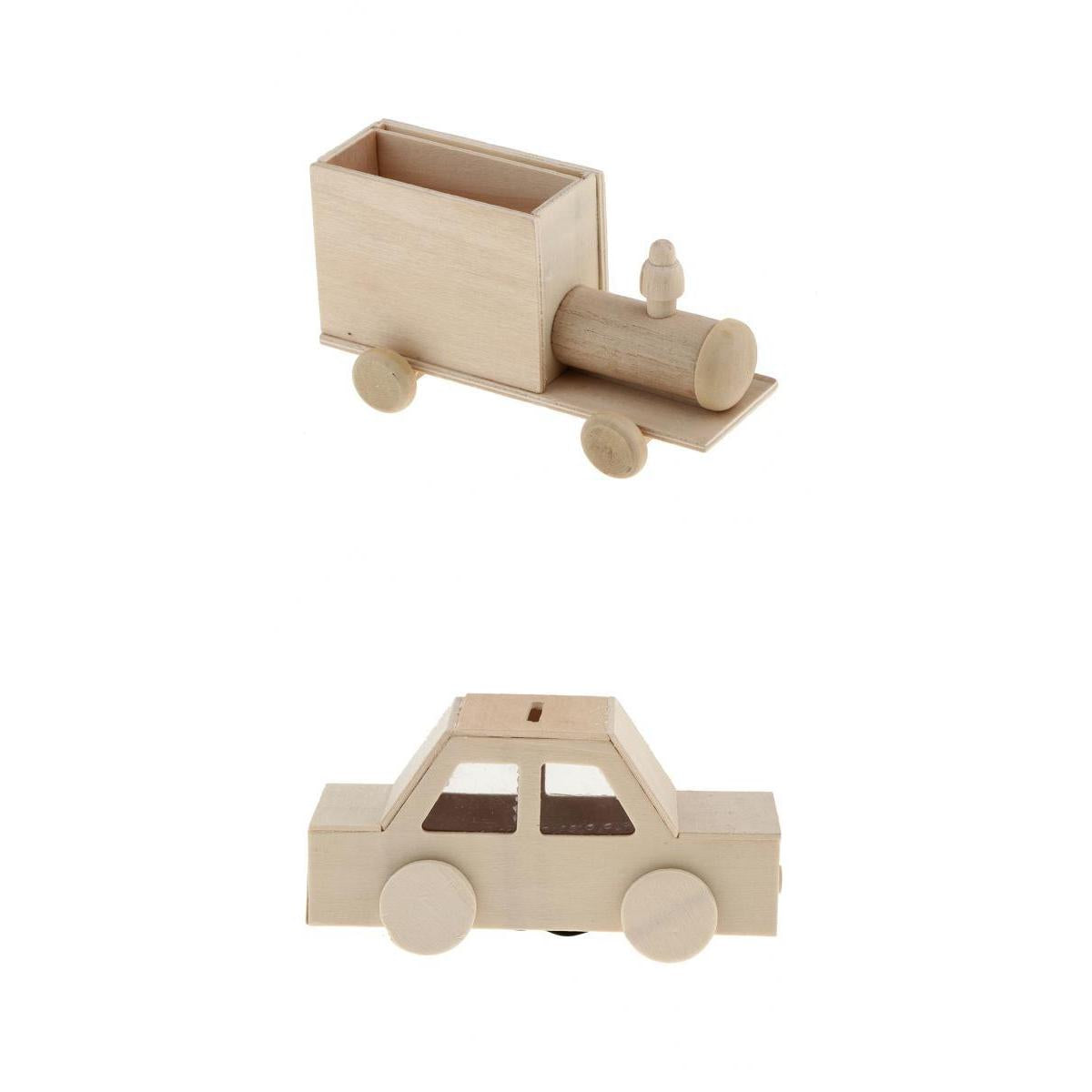 2Pcs Unfinished Wood Pen Holder Kids DIY Craft Supply Train And Car