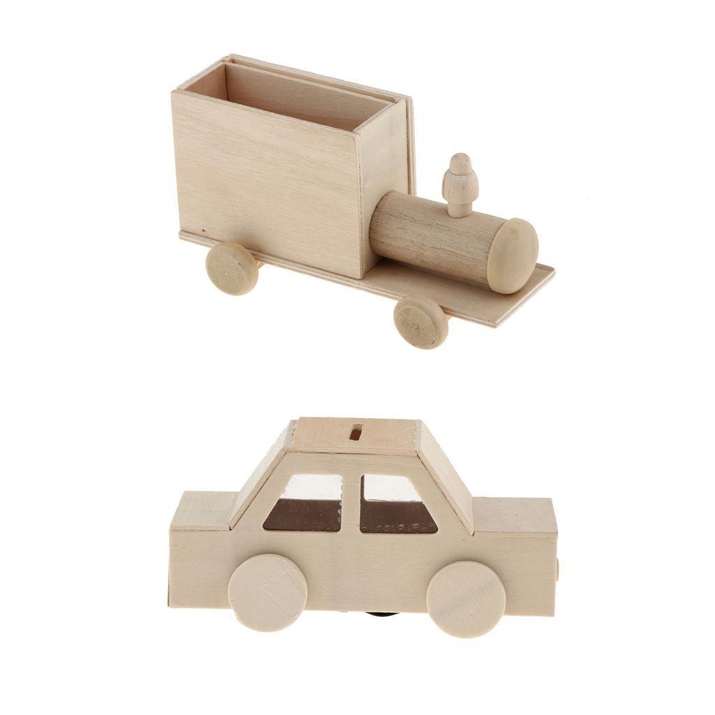 2Pcs Unfinished Wood Pen Holder Kids DIY Craft Supply Train And Car