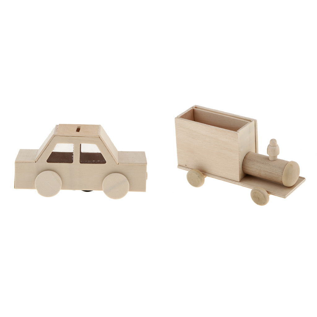 2Pcs Unfinished Wood Pen Holder Kids DIY Craft Supply Train And Car