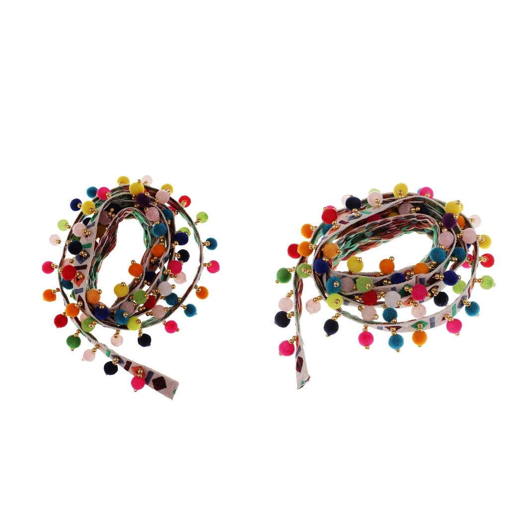 2Pcs Ethnic Fringed Tassel Lace Jacquard Ribbon with Pompom Ball Trim 1 Yard