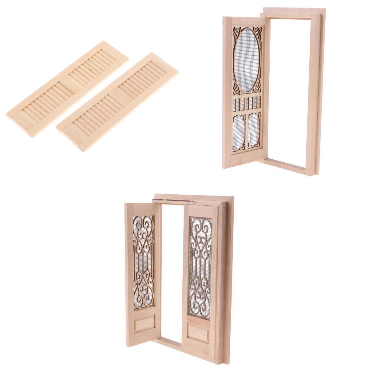 4 Pieces 1/12 Dollhouse Miniature Wood External Hollow Screen Door Shutters