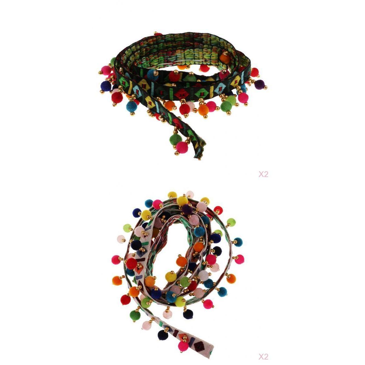 4Pcs 1 Yard Ethnic Style Fringed Lace Jacquard Ribbon with Pompom Ball Trim