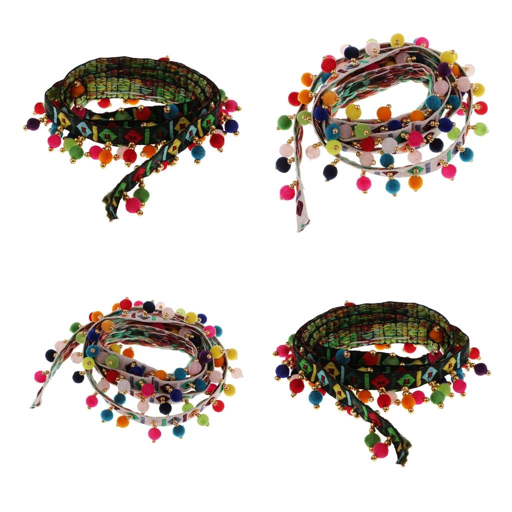 4Pcs 1 Yard Ethnic Style Fringed Lace Jacquard Ribbon with Pompom Ball Trim