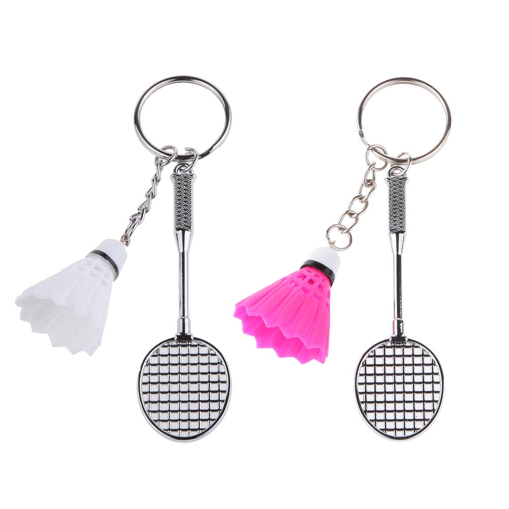 2Pcs Bedminton Racket Shuttlecock Pendant Keyring Keychain Fuchsia White