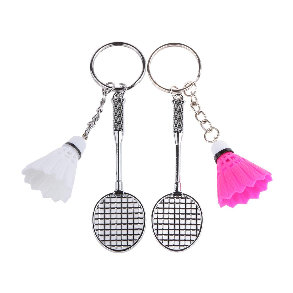 2Pcs Bedminton Racket Shuttlecock Pendant Keyring Keychain Fuchsia White