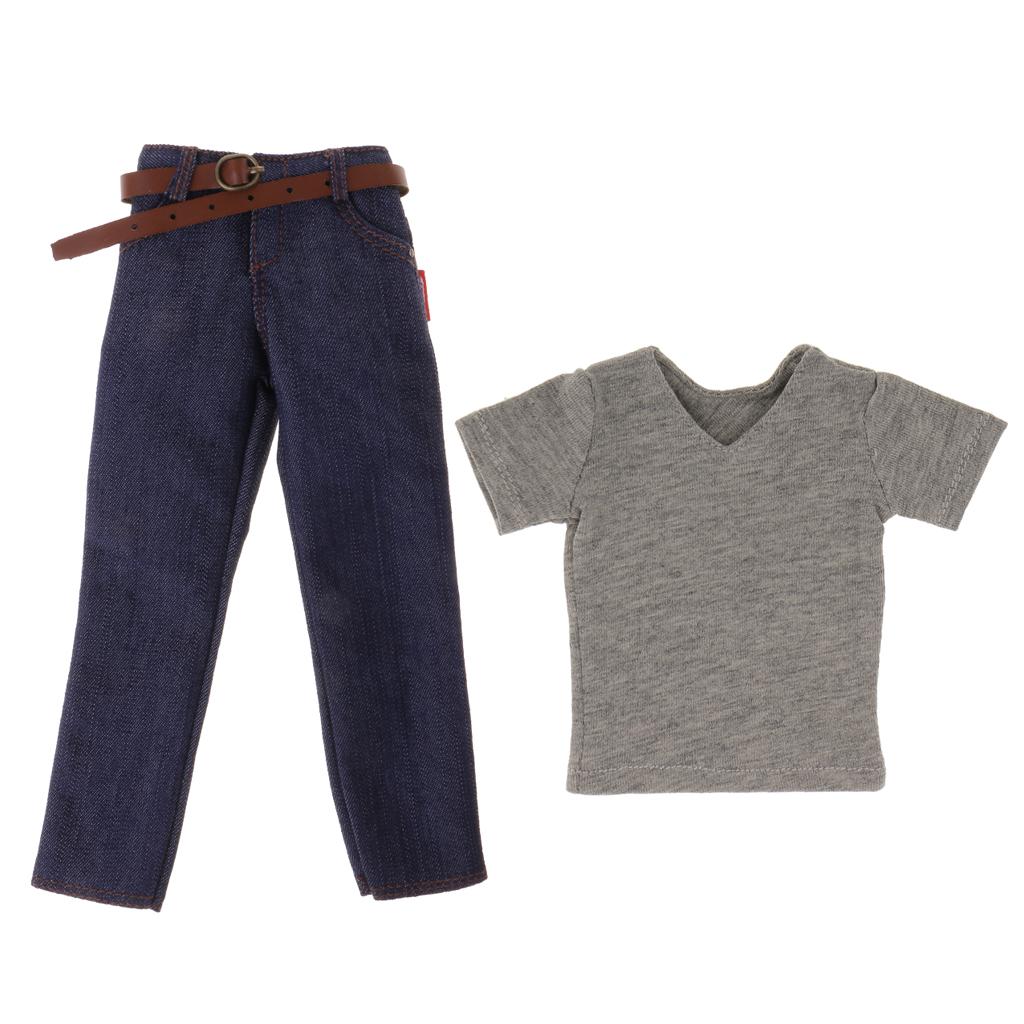 1/6 Men's Short Sleeve and Denim Jeans Pants for 12'' Action Figure Body