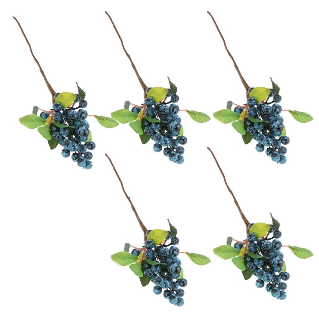 5x Plastic Artificial Fake Plant Fruit Berries Branches Home Cafe Decor Blue