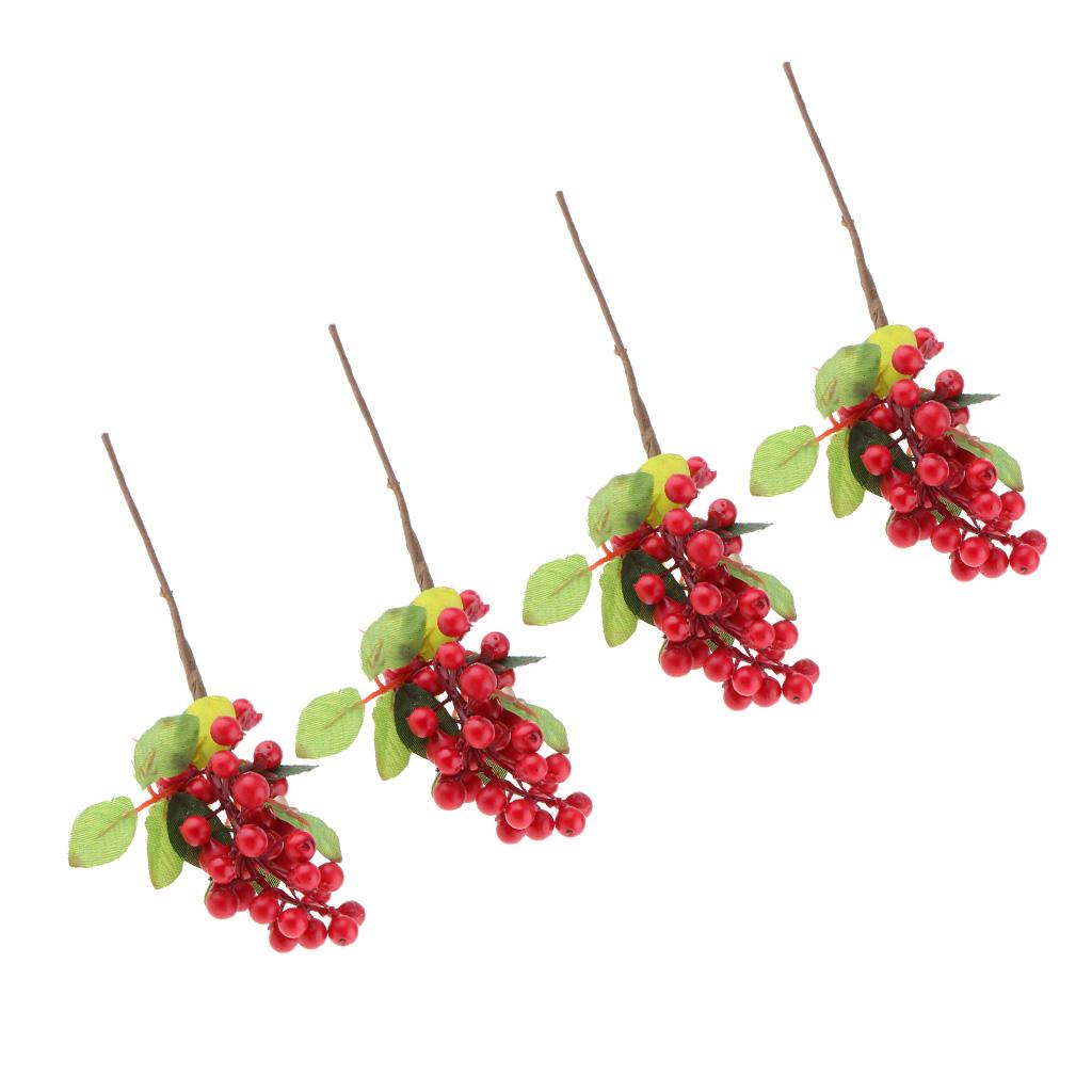 4x Plastic Artificial Fake Plant Fruit Berries Branches Home Cafe Decor Red