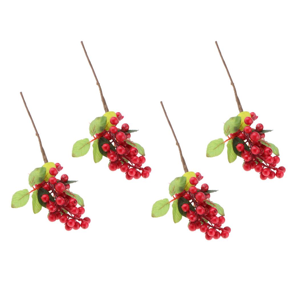 4x Plastic Artificial Fake Plant Fruit Berries Branches Home Cafe Decor Red