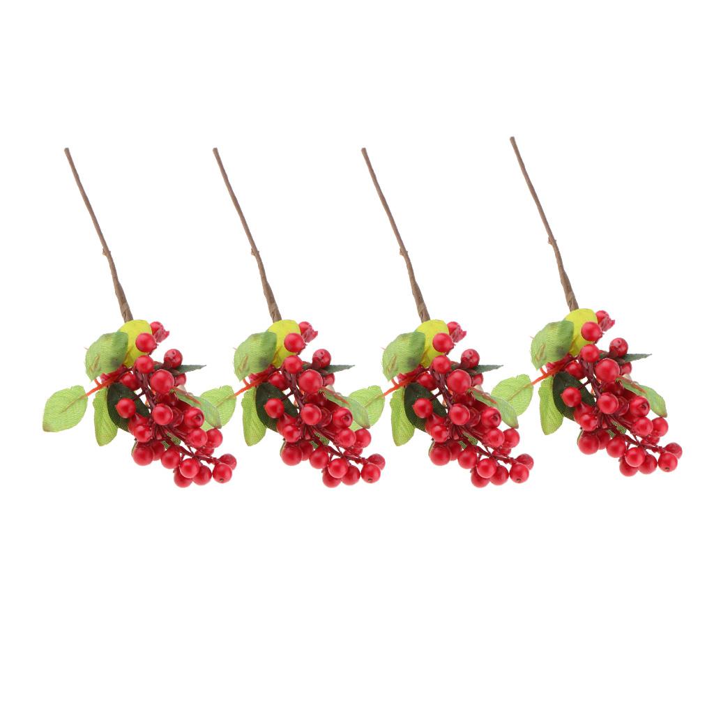 4x Plastic Artificial Fake Plant Fruit Berries Branches Home Cafe Decor Red